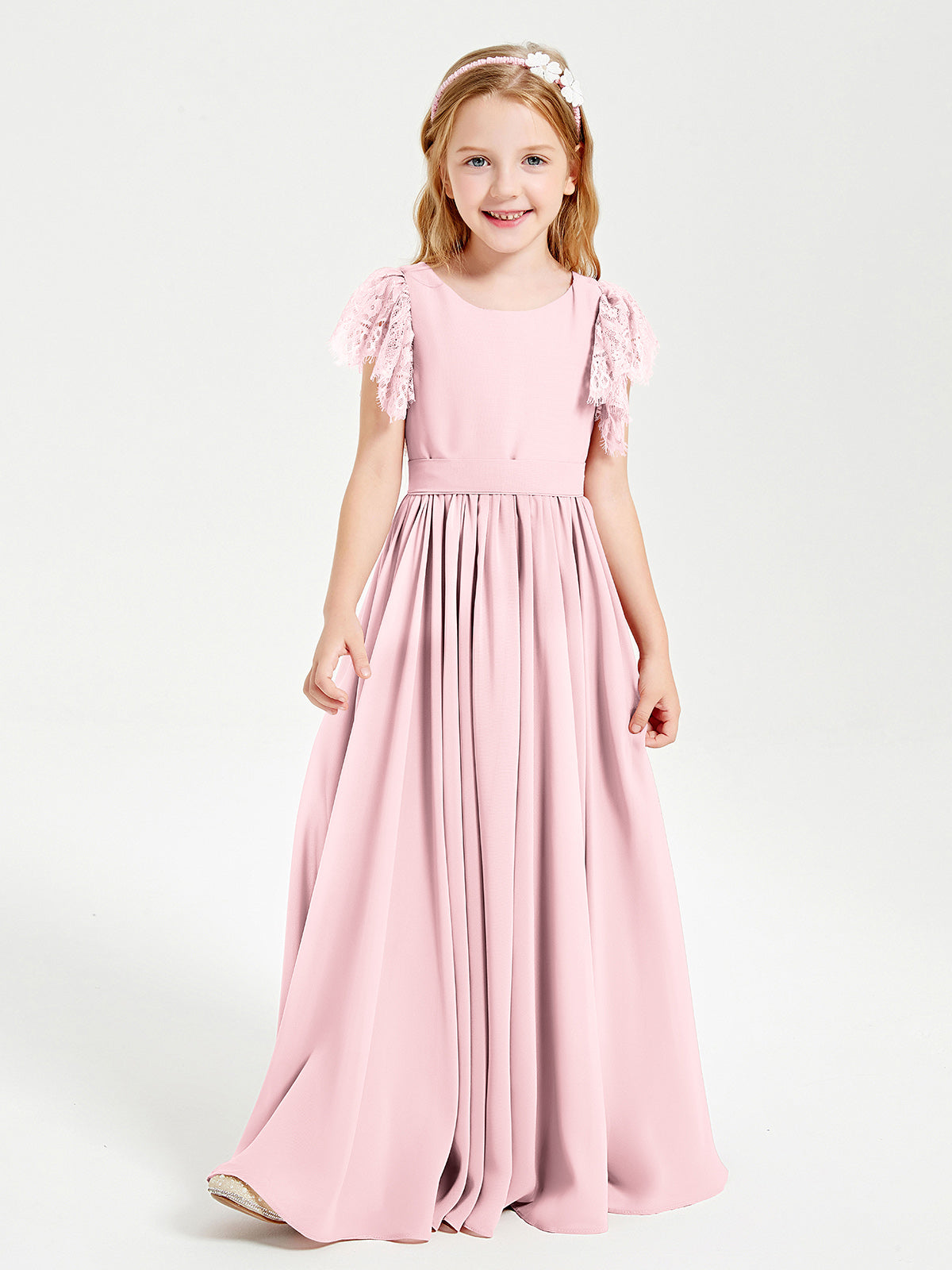 Chiffon Junior Bridesmaid Dresses with Lace Flutter Sleeves Blushing Pink